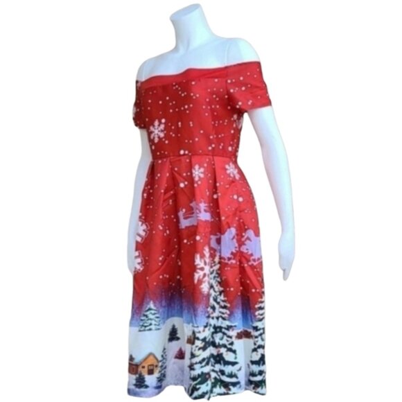 VINTAGE CHRISTMAS HOLIDAY Dress Small 4 6 Rockabilly Pin Up Off Shoulder Festive - Picture 13 of 14